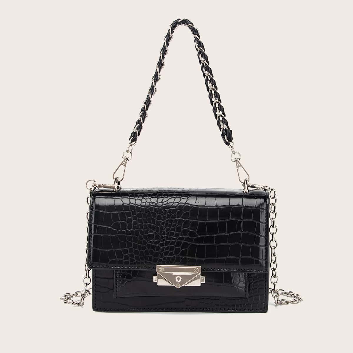 

Crocodile Chain Shoulder Bag, Black