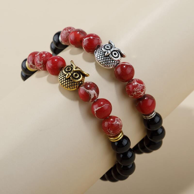 

2pcs Guys Owl Decor Beaded Bracelet, Multicolor