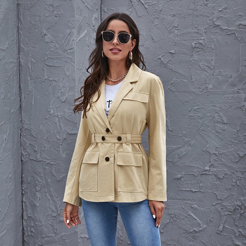 

Lapel Neck Flap Pocket Belted Coat, Khaki