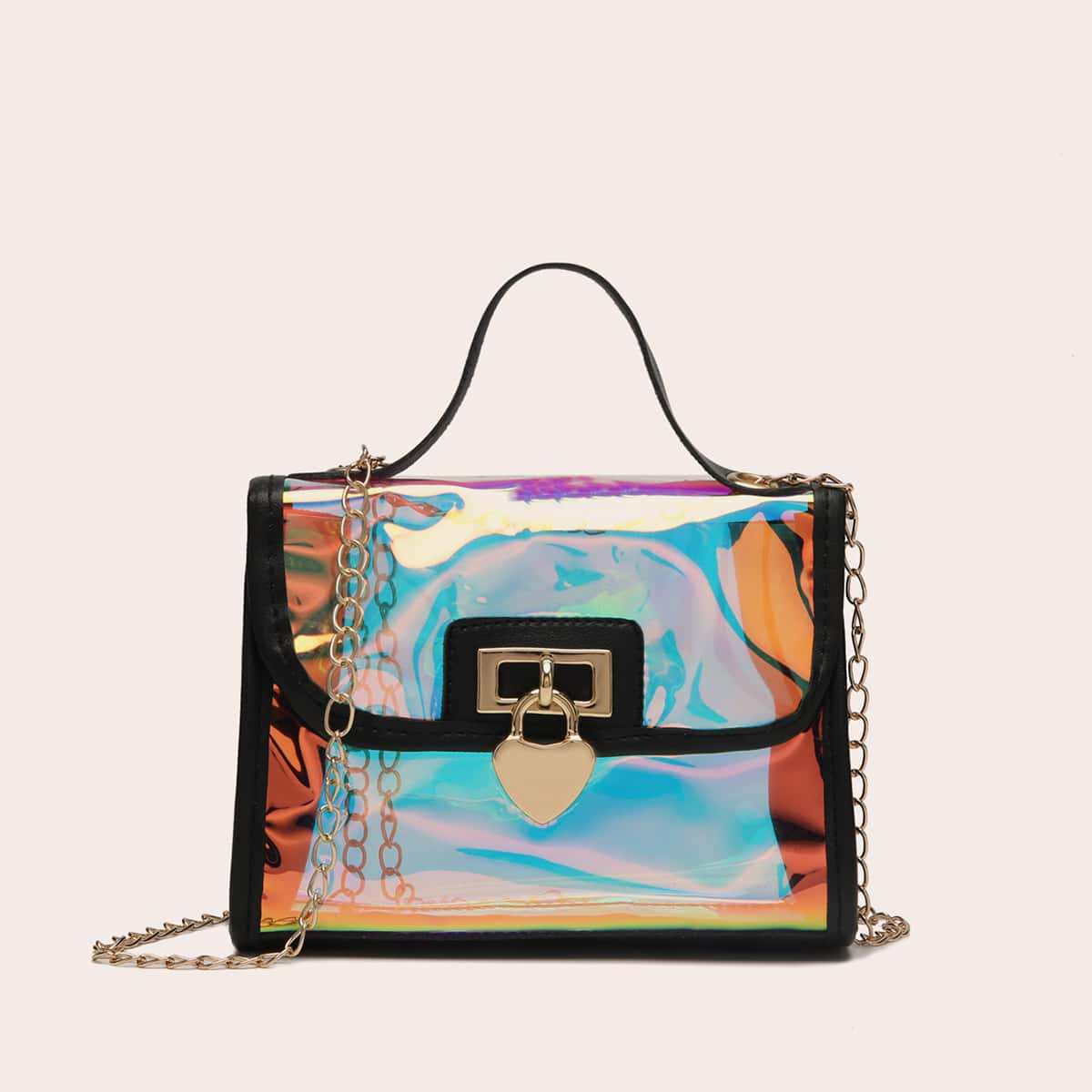 

Lock Decor Holographic Satchel Bag, Black