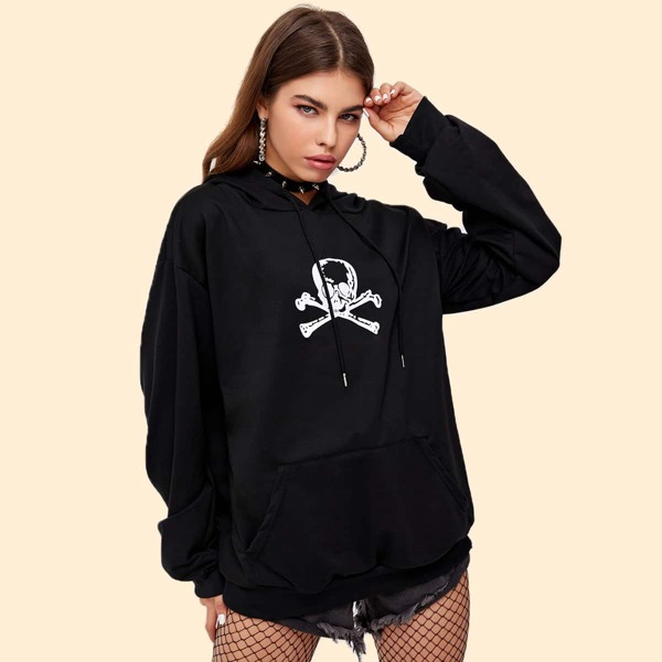 

Skull Graphic Oversized Hoodie, Black