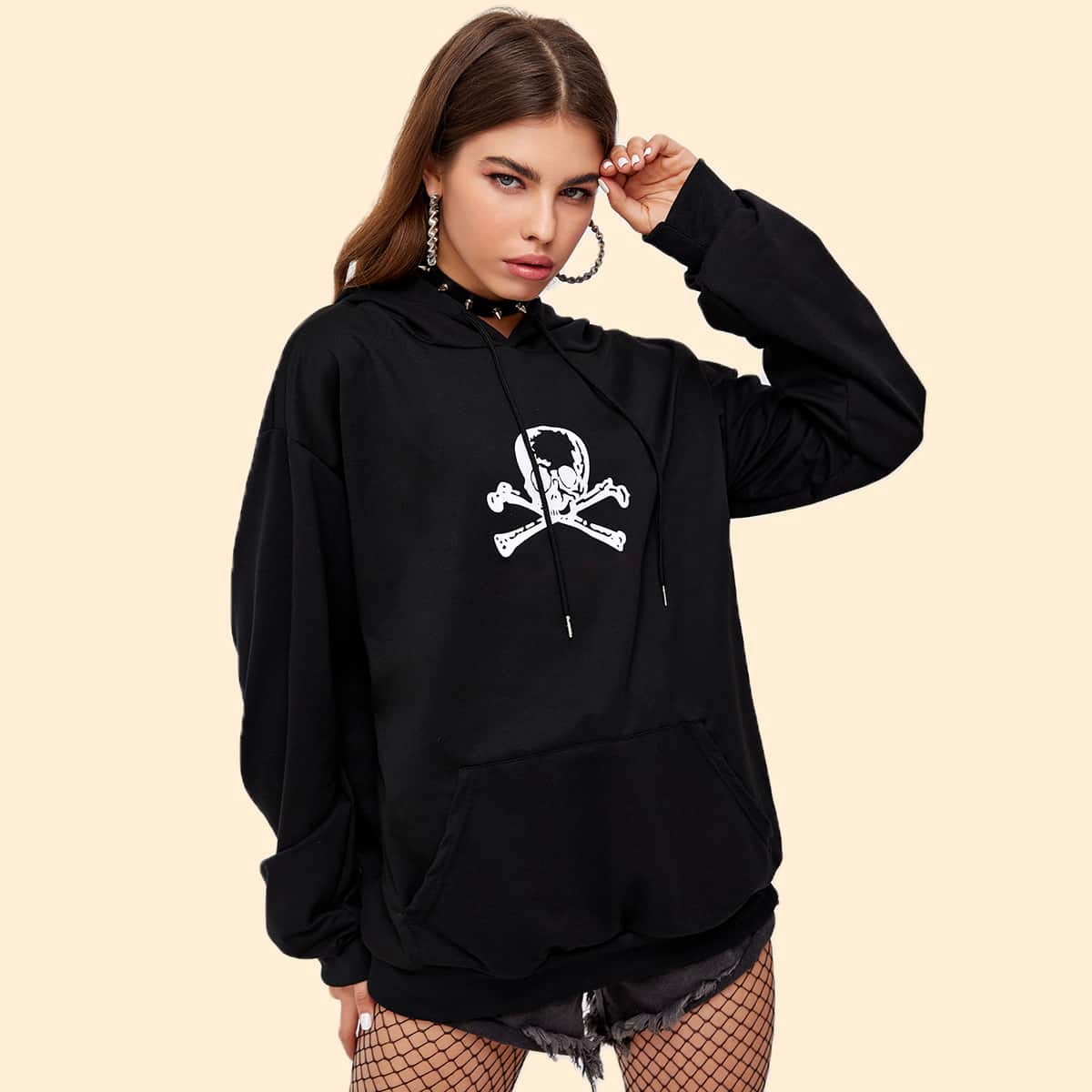 

Skull Graphic Oversized Hoodie, Black
