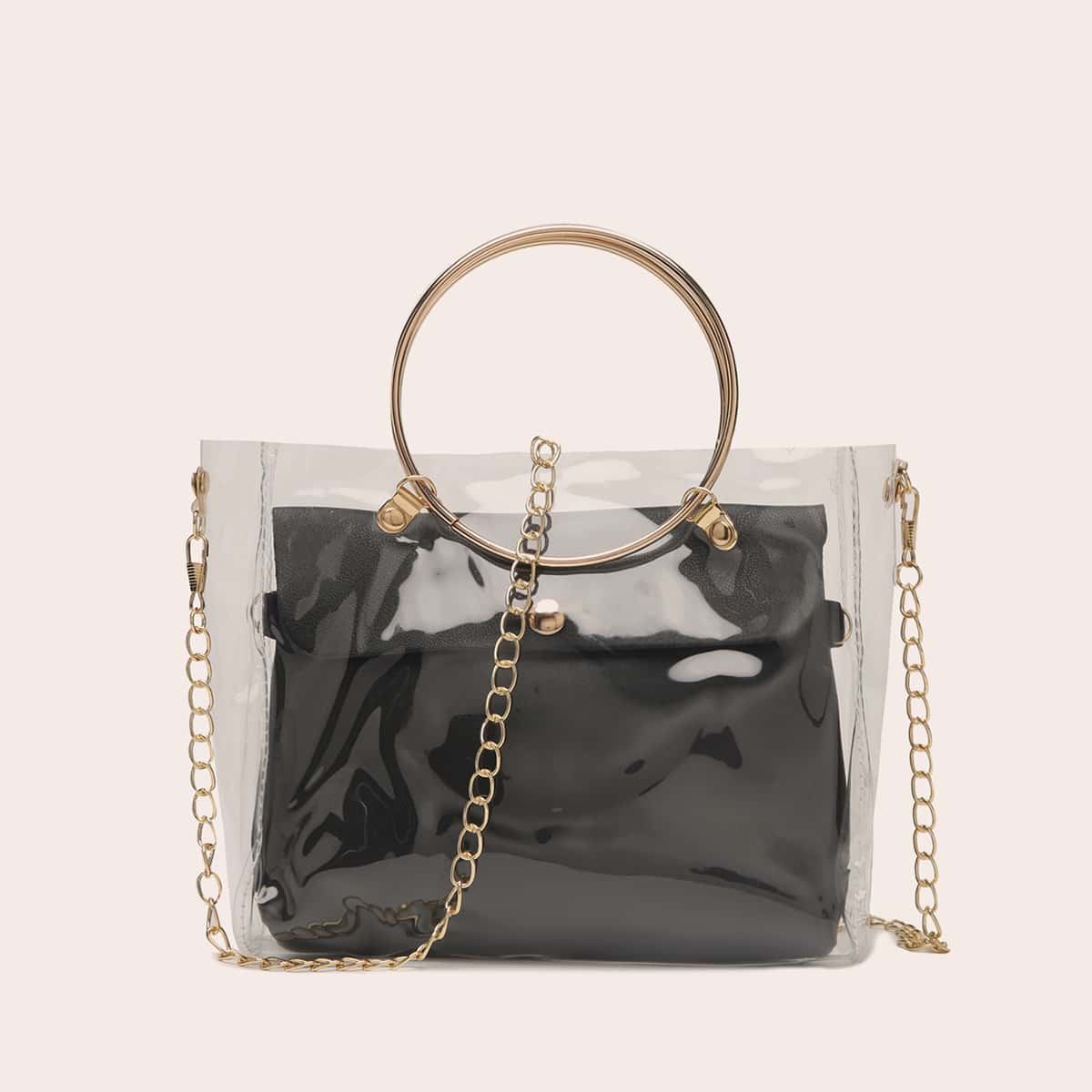 

Ring Handle Clear Satchel Bag With Inner Bag, Black