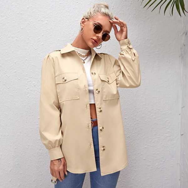 

Flap Pocket Button Front Belted Coat, Apricot