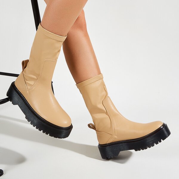

Round Toe Mid Calf Boots, Khaki