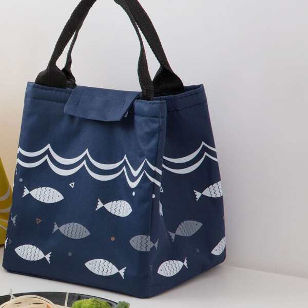 

Fish Print Insulation Lunch Bag, Navy blue
