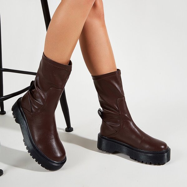 

Round Toe Mid Calf Boots, Coffee brown