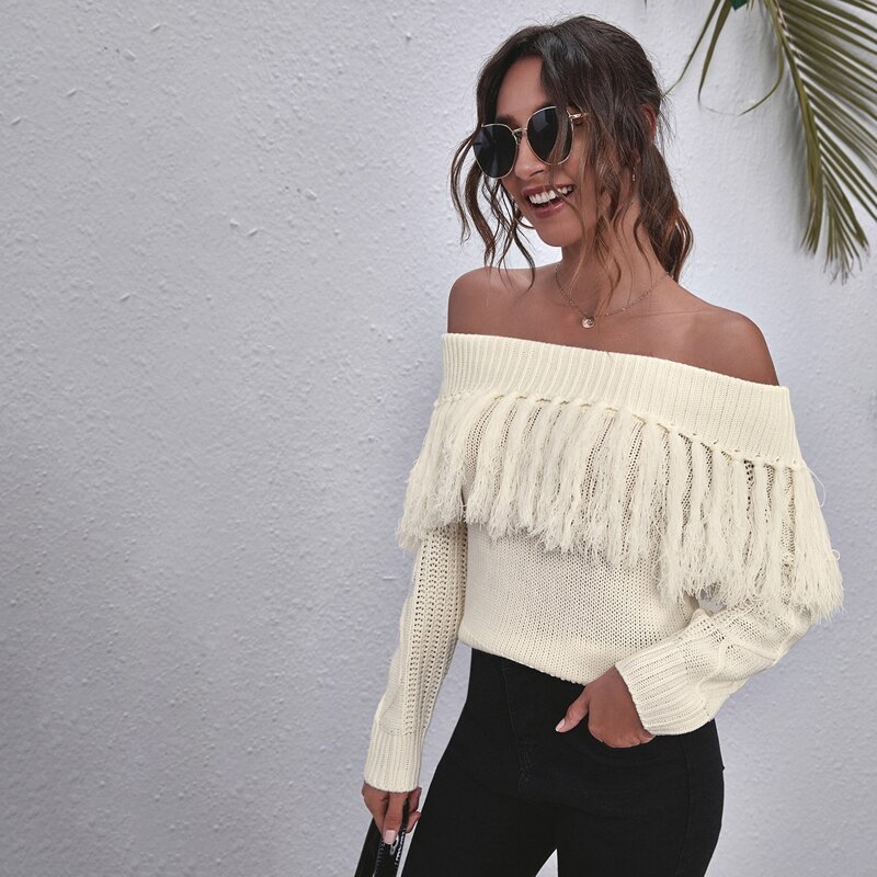 

Off Shoulder Fringe Trim Sweater, Beige
