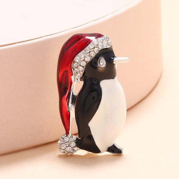 

Rhinestone Decor Penguin Design Brooch, Red