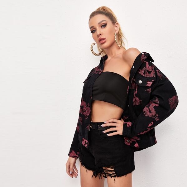 

Chinese Dragon Print Drop Shoulder Denim Jacket, Black