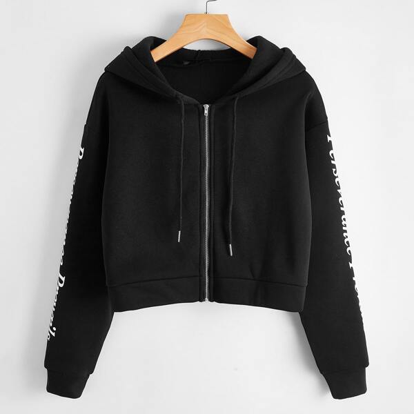 

Letter Graphic Zip Up Drawstring Crop Hoodie, Black