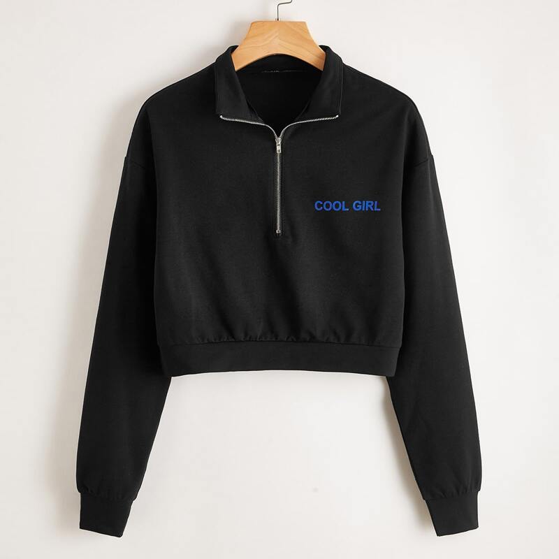 

Half Zip Letter Graphic Drop Shoulder Crop Sweatshirt, Black