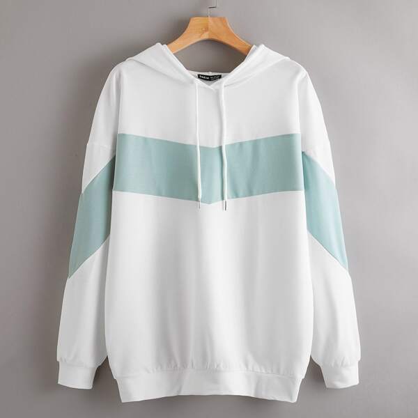 

Drop Shoulder Chevron Drawstring Longline Hoodie, White