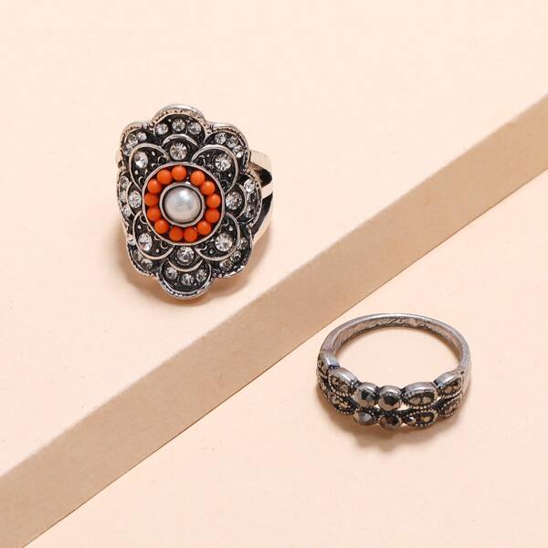 

2pcs Rhinestone Decor Flower Design Ring, Gun black