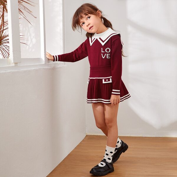 

Toddler Girls Letter Graphic Sweater & Pleated Knit Skirt, Maroon