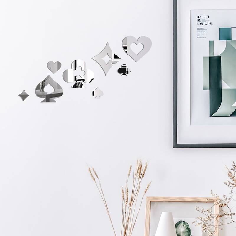 

8pcs Poker Mirror Surface Wall Sticker, Silver