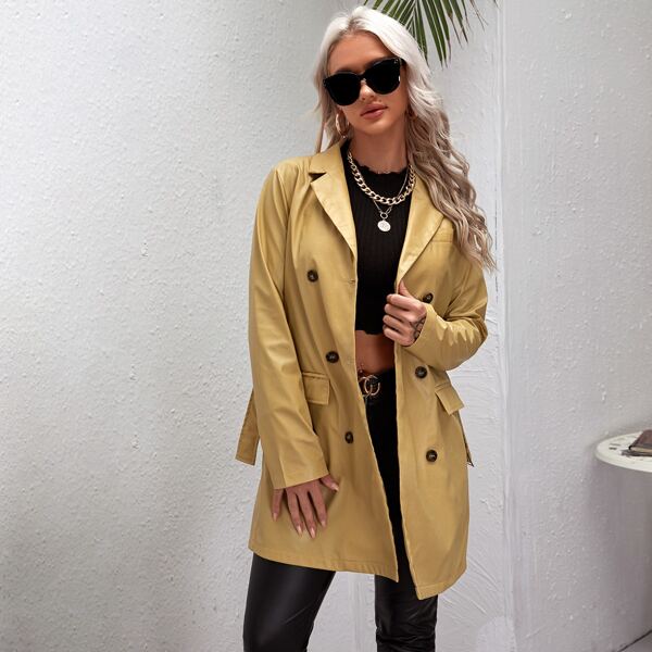 

Buckle Belted Double Button PU Leather Coat, Mustard yellow