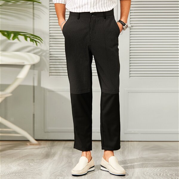 

Men Striped Print Symmetrical Pocket Tailored Pants, Black