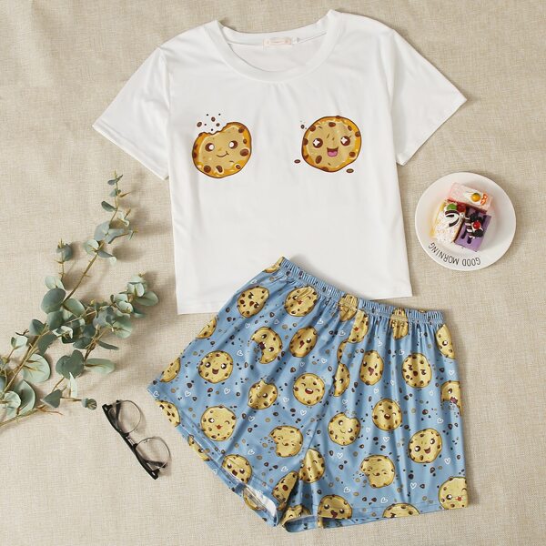 

Cartoon Graphic Short Sleeve PJ Set, Multicolor