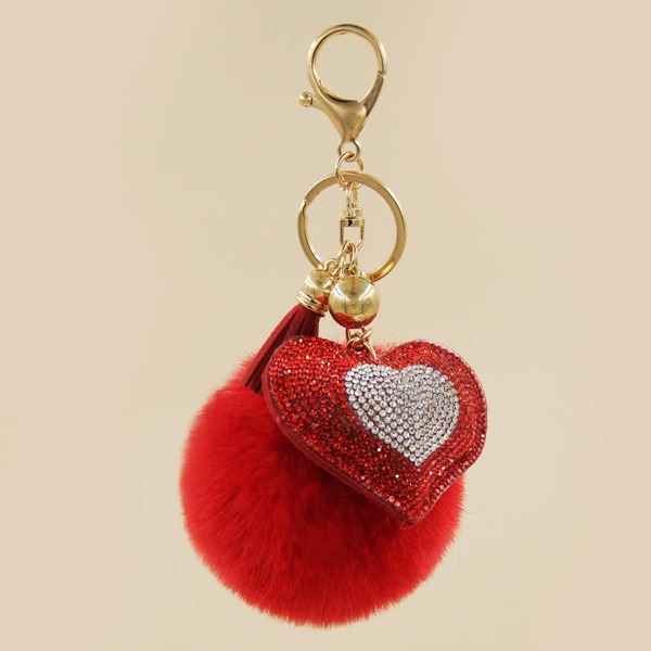 

Pom Pom Decor Heart Charm Keychain, Red