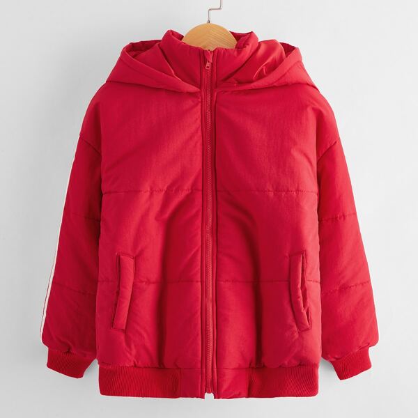 

Girls Striped Side Zipper Placket Hooded Puffer Jacket, Red