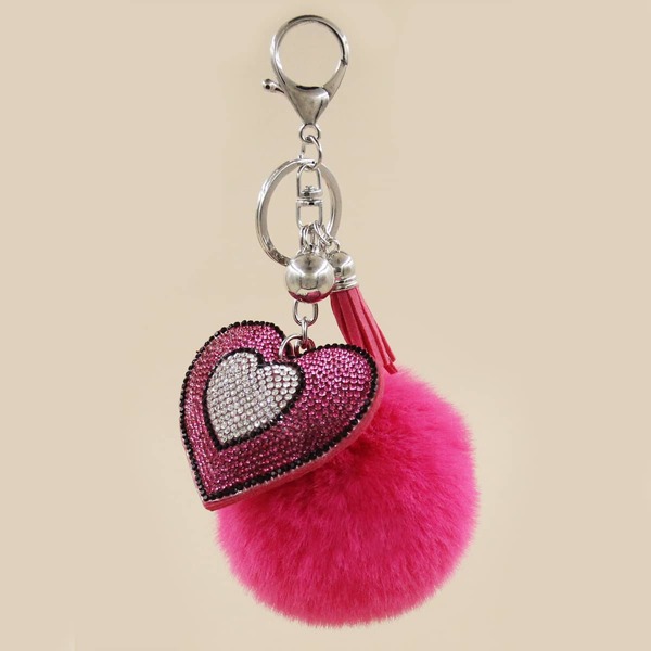 

Pom Pom Decor Heart Charm Keychain, Hot pink