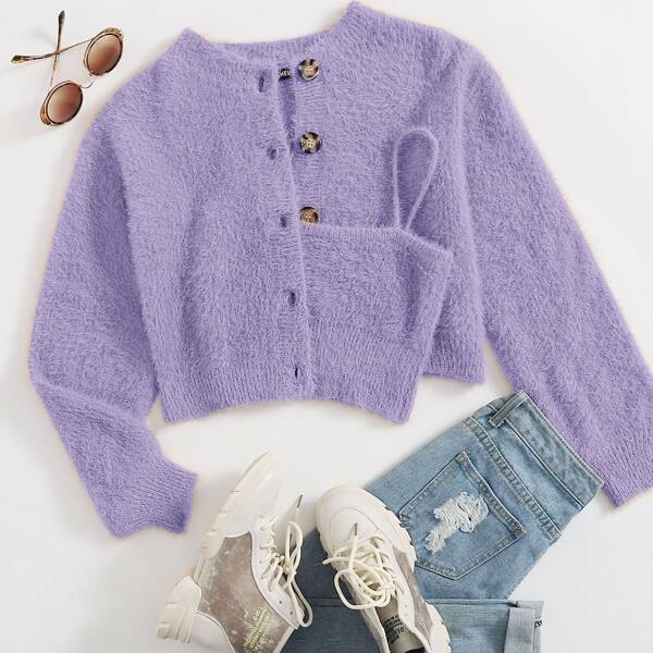 

Button Front Fuzzy Knit Cardigan With Cami, Lilac purple