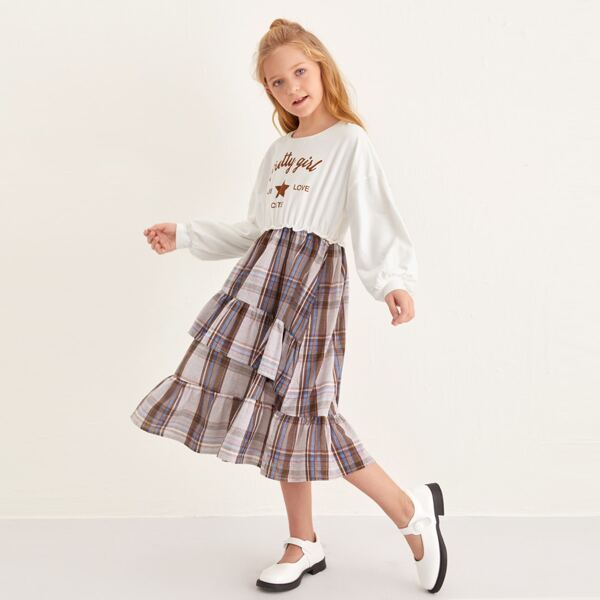 

Girls Lantern Sleeve Ruffle Hem Plaid Combo Dress, Multicolor