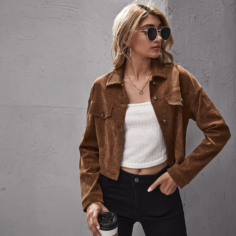 

Button Front Corduroy Crop Jacket, Brown