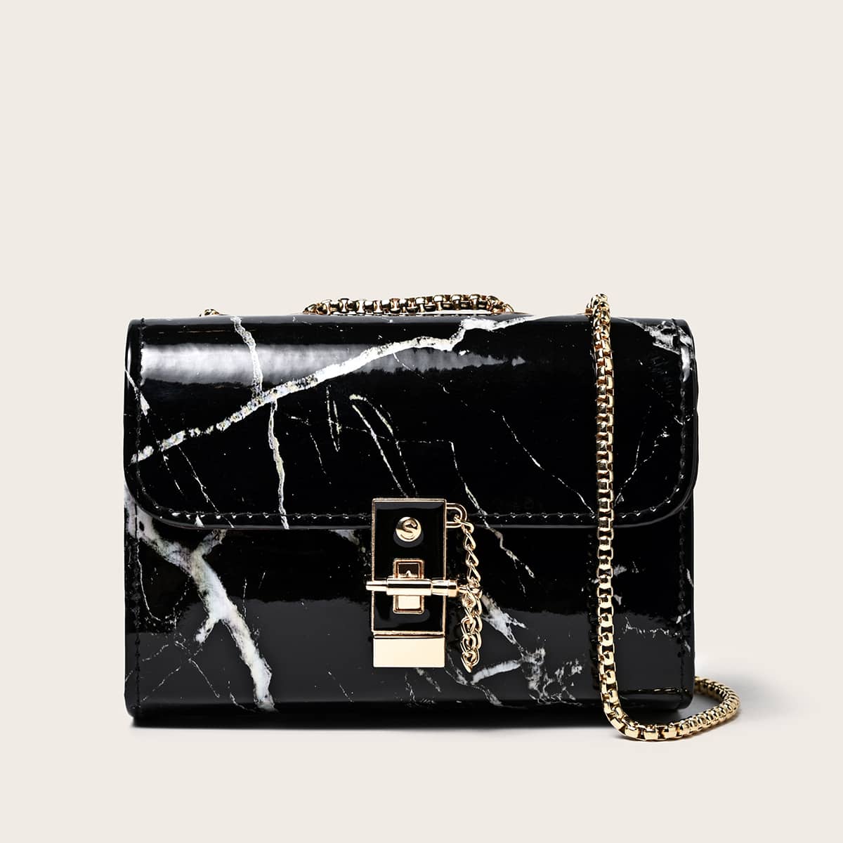 

Marble Print Chain Crossbody Bag, Black
