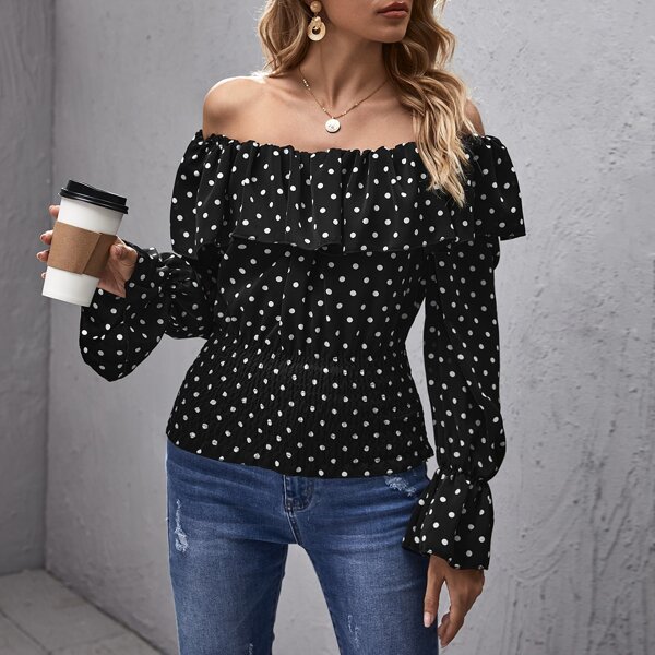

Off Shoulder Shirred Polka Dot Top, Black