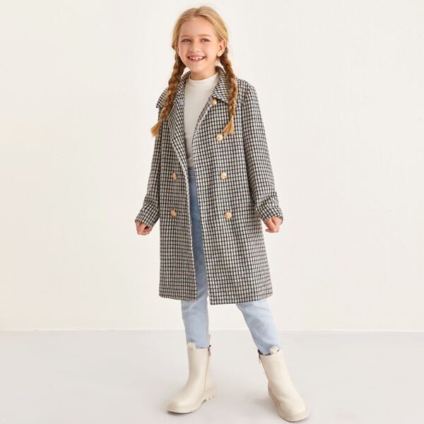 

Girls Double Breasted Placket Plaid Coat, Multicolor