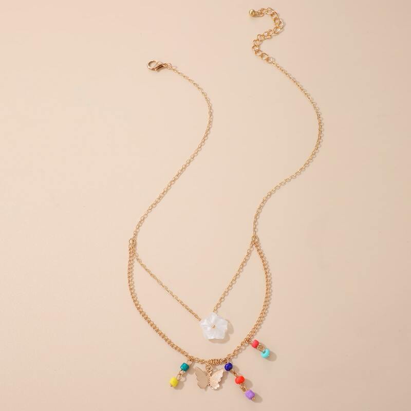 

Butterfly & Floral Layered Necklace, Gold