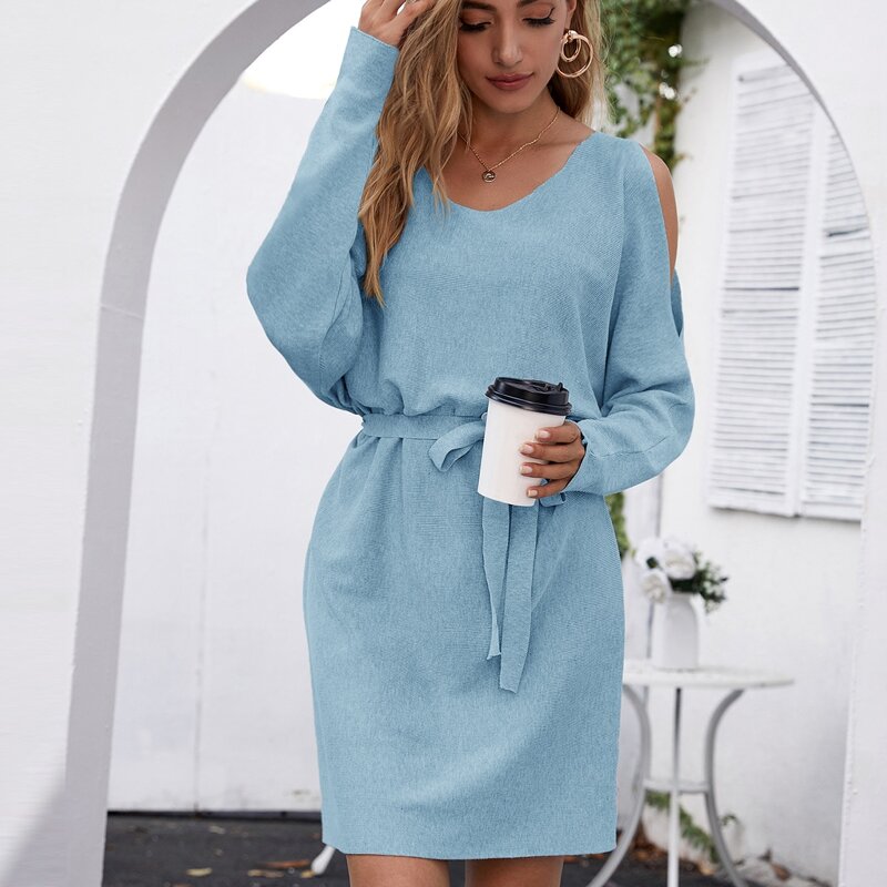 

Cold Shoulder Batwing Sleeve Belted Sweater Dress, Baby blue
