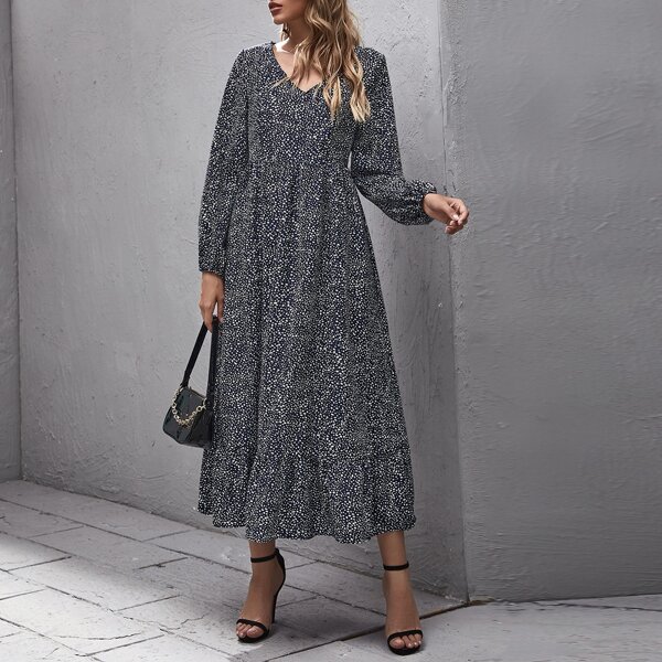 

Ruffle Hem Lantern Sleeve Dalmatian Dress, Navy blue