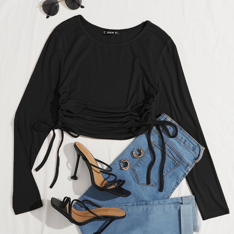 

Ruched Drawstring Cropped Tee, Black