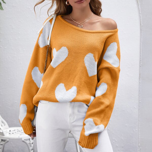 

Open Back Heart Pattern Sweater, Mustard yellow