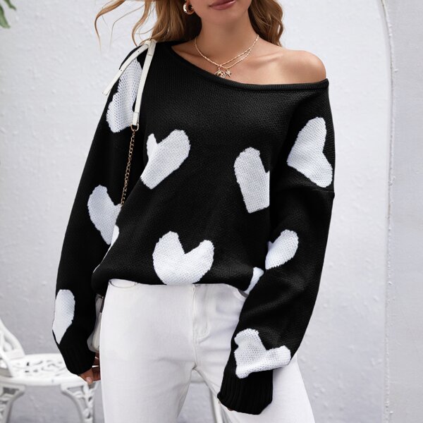 

Open Back Heart Pattern Sweater, Black