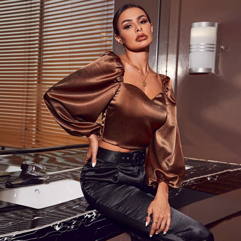 

Sweetheart Neck Lantern Sleeve Satin Crop Top, Chocolate brown