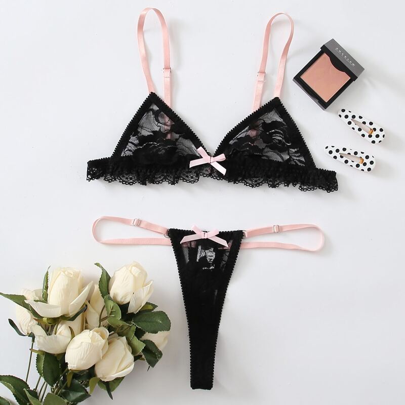 

Floral Lace Sheer Lingerie Set, Black