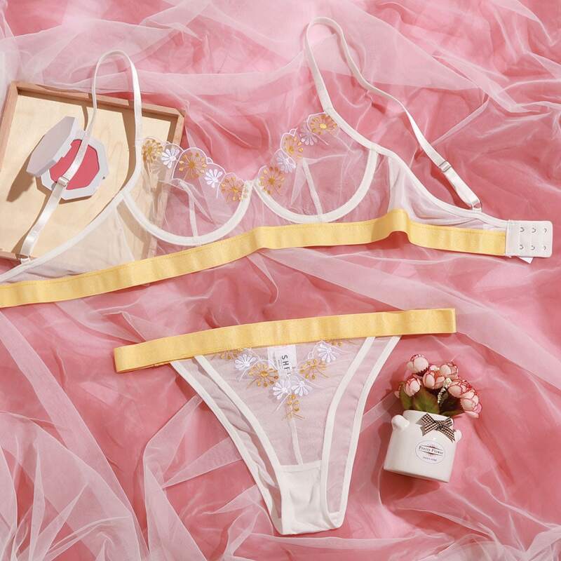 

Embroidered Mesh Underwire Lingerie Set, White