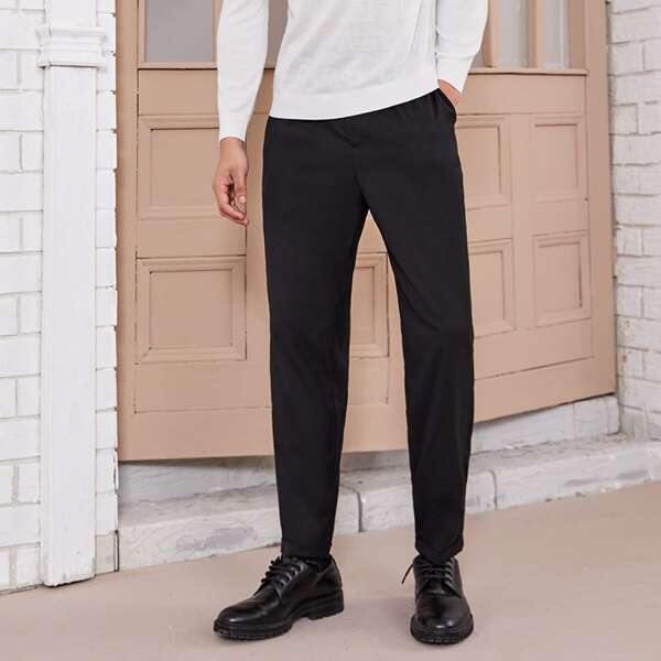 

Men Drawstring Waist Solid Pants, Black