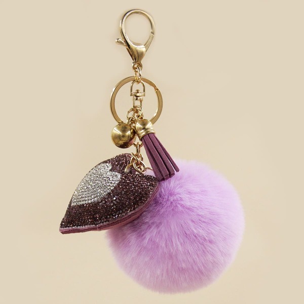 

Pom Pom Decor Heart Charm Keychain, Violet purple