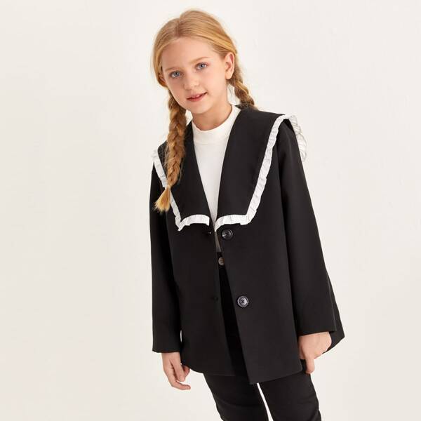 

Girls Contrast Frill Detail Statement Collar Coat, Black