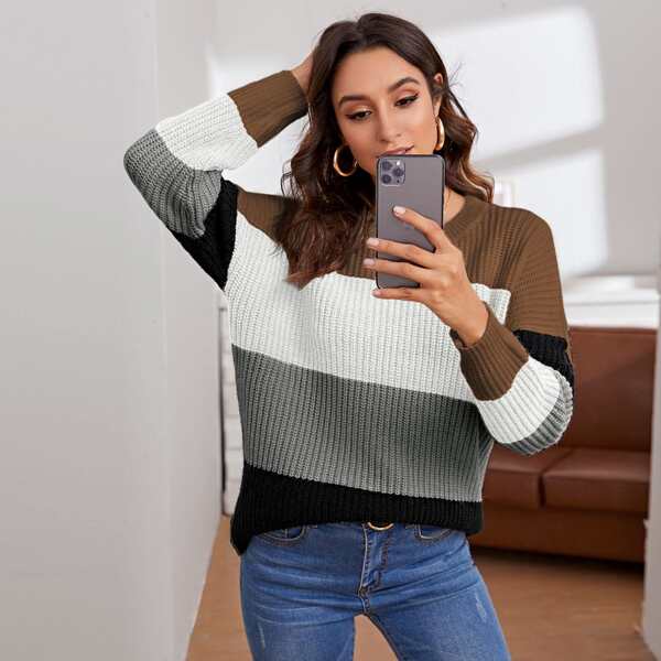 

Drop Shoulder Color Block Rib-knit Sweater, Multicolor