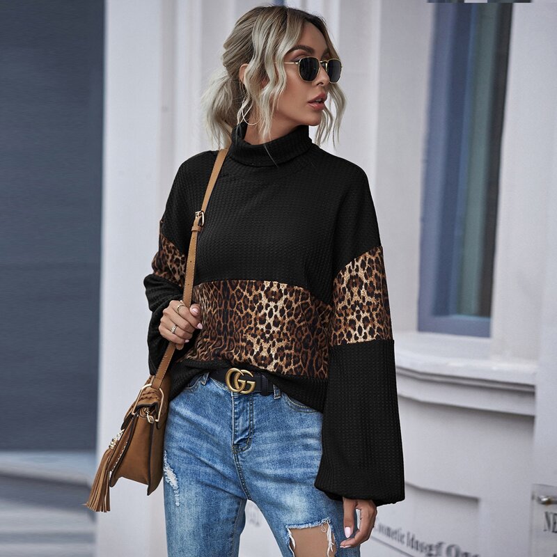 

Leopard Panel Bishop Sleeve High Neck Tee, Black