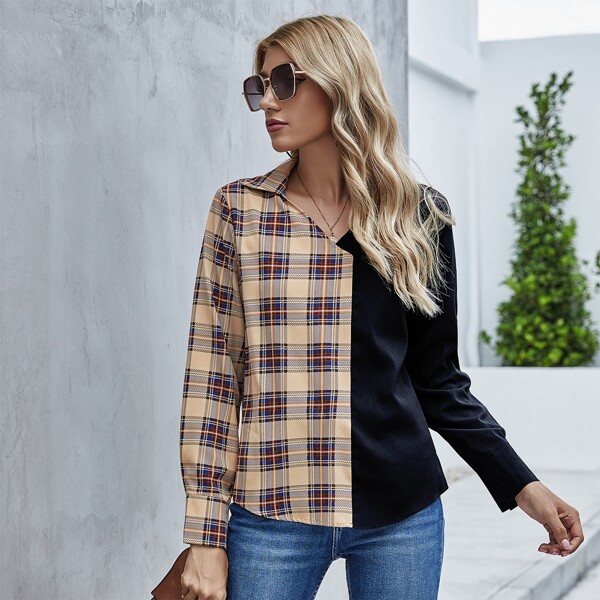 

Contrast Tartan Panel Curved Hem Blouse, Multicolor