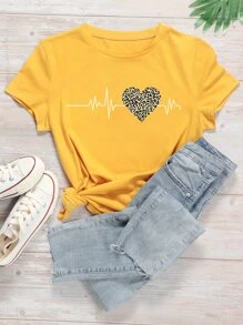 SHEIN LUNE Heart And Leopard Print Short Sleeve Tee - Yellow - View 1