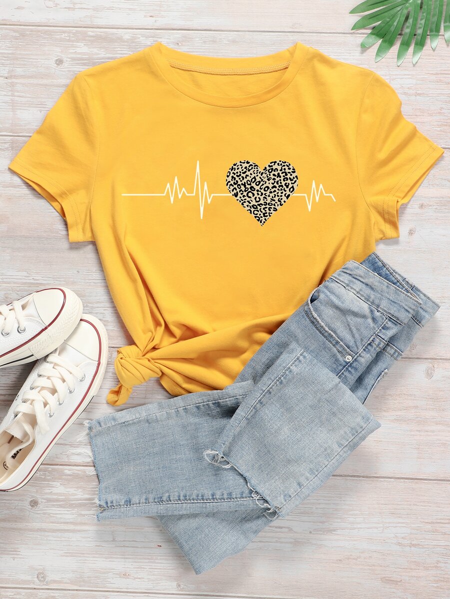 SHEIN LUNE Heart And Leopard Print Short Sleeve Tee - Yellow - View 1