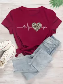 SHEIN LUNE Heart And Leopard Print Short Sleeve Tee - Burgundy - View 1